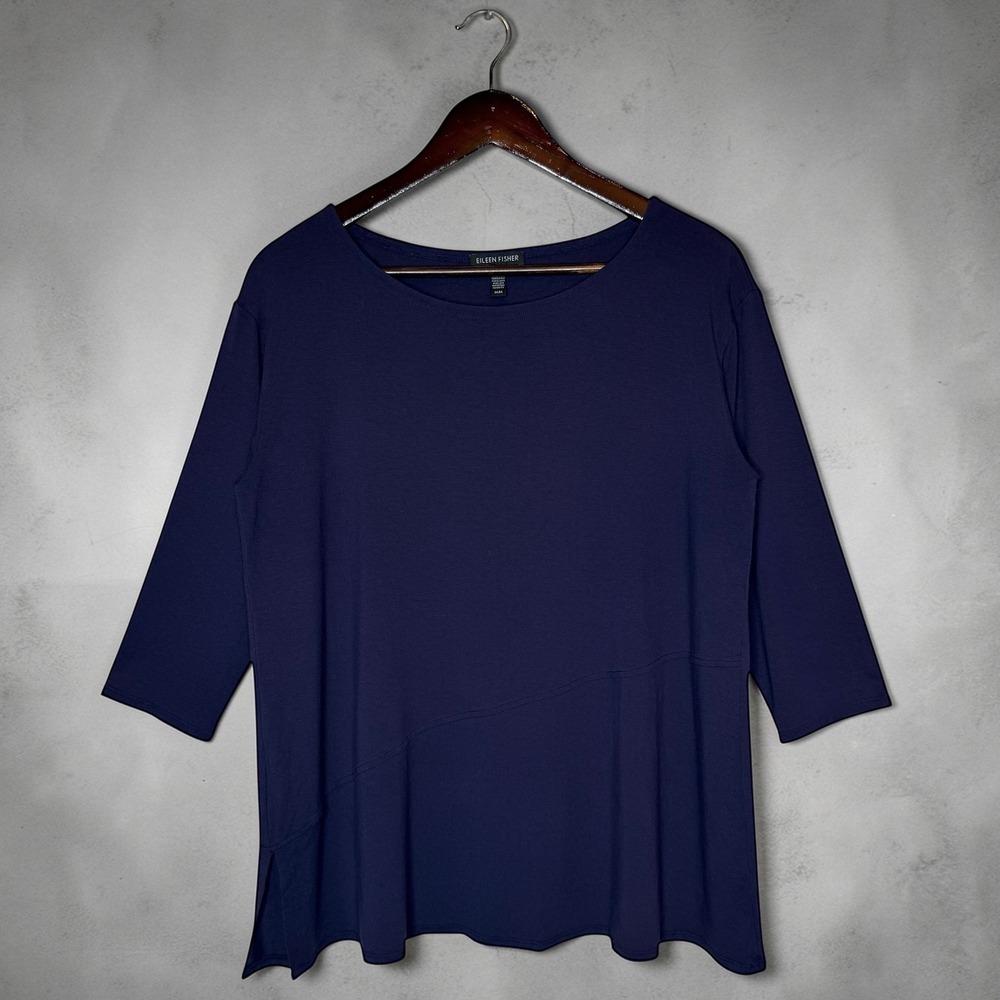 Eileen Fisher Bateau Neck Top 3/4 Sleeve Asymmetrical Viscose Jersey size M